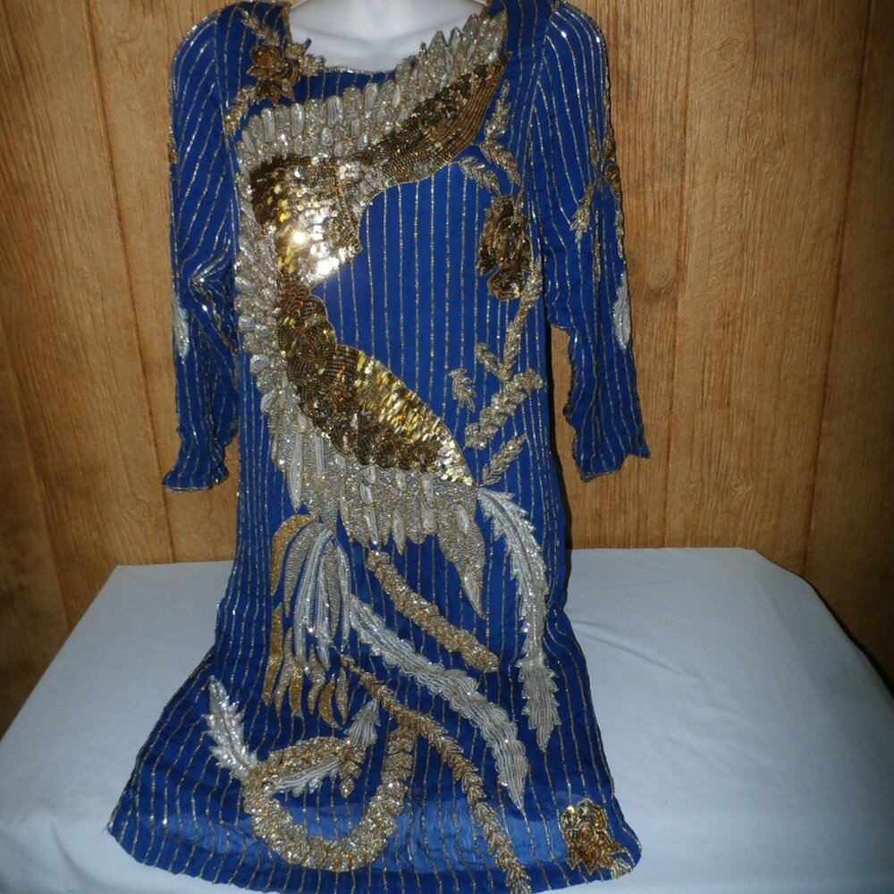 Vintage 80s Beaded Dress Made In India Silk Sequin Royal Blue Size  Med NWT
